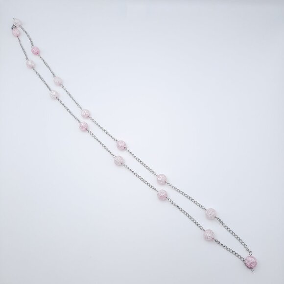 Pink Crackle Glass Long Opera Feminine Statement Chain Necklace Handmade Jewelry - Picture 3 of 7